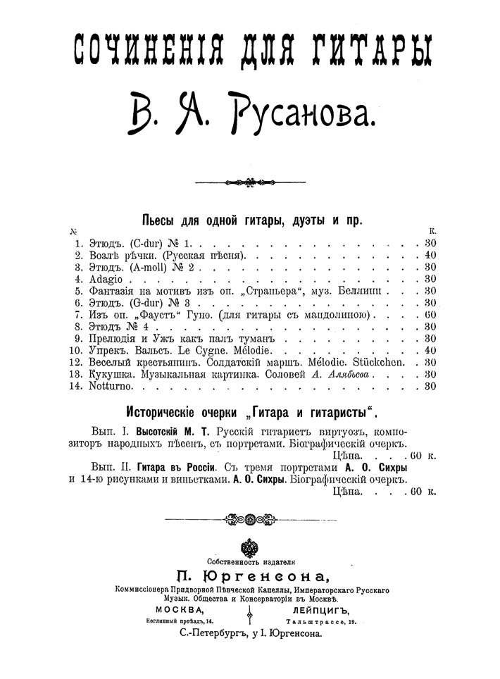 Сочинения для гитары и очерки В. А. Русанова